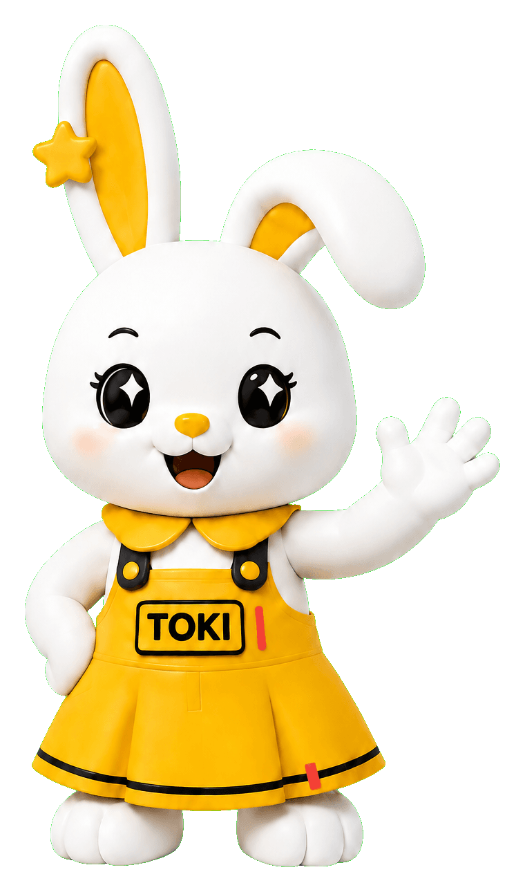 TOKA มาสคอตกระต่ายหญิง ใส่ชุดกระโปรงสีเหลืองติดป้ายชื่อ TOKI กำลังโบกมือทักทาย