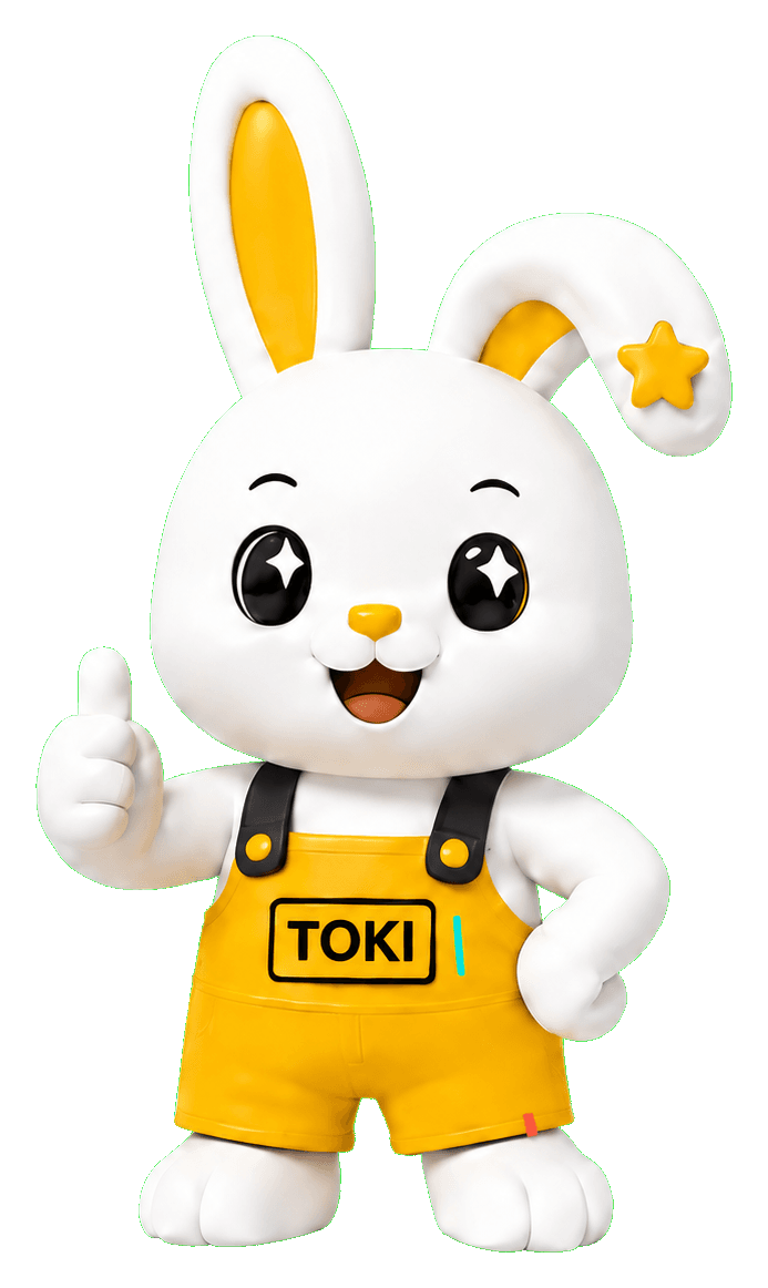 TOKI มาสคอตกระต่ายชาย ใส่ชุดเอี๊ยมสีเหลืองติดป้ายชื่อ TOKI ยกนิ้วโป้ง